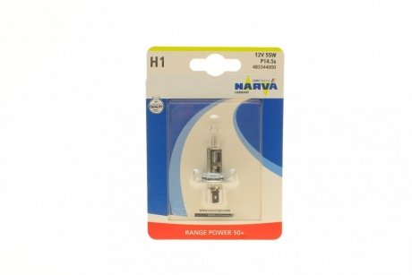 483344000 Автолампа H1 12V 55W P14.5s Range Power 50 + (blister/1шт) NARVA підбір по vin на Brocar