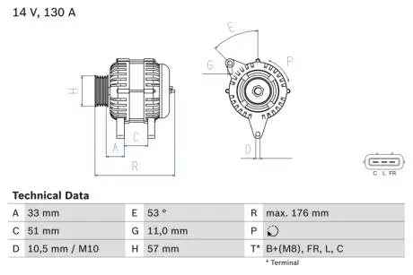 0986082820 Генератор (14V, 130A) HYUNDAI ELANTRA, I20, I30, IX20, IX35, KIA CARENS IV, CEED, PRO CEE´D, RIO III, SOUL, SOUL II, SPORTAGE, VENGA 1.1D-1.7D 08.08- BOSCH подбор по vin на Brocar