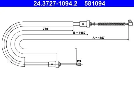 24372710942 Трос ручного гальма задн. Лев./P (1657mm/1480mm/750mm) DACIA SANDERO II 0.9-1.6 10.12- ATE підбір по vin на Brocar