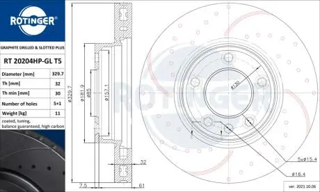 RT20204HPGLT5 Диск тормозной вентилируемый графитовый (только с 20206HP-GL/T5) VW TOUAREG (7LA, 7L6, 7L7), PORSCHECAYENNE (955) [330X69] LEFT (RT 20204HP-GL/T5) ROT ROTINGER подбор по vin на Brocar