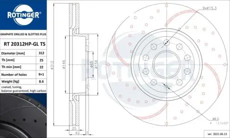 RT20312HPGLT5 Диск тормозной вентилируемый графитовый высокоуглеродистый (кратно 2) AUDI A3, LEON, SKODA OCTAVIA,VW GOLF [312X50] (RT 20312HP-GL/T5) ROTINGER ROTINGER подбор по vin на Brocar