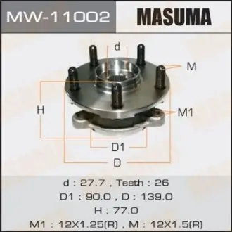 MW11002 Ступица колеса переднего в сборе с подшипником Toyota Auris (06-), Avensis (11-), Corolla (06-), RAV 4 (05-) (MW11002) MASUMA MASUMA подбор по vin на Brocar