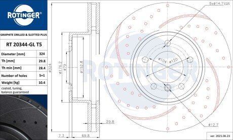 RT20344GLT5 Диск гальмівний графітовий вентильований (кратно 2) BMW 5 (E60), 6 (E63) [324X77] (RT 20344-GL/T5) ROTINGER ROTINGER підбір по vin на Brocar