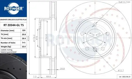 RT20344GLT5 Диск тормозной вентилируемый графитовый (кратно 2) BMW 5 (E60), 6 (E63) [324X77] (RT 20344-GL/T5) ROTINGER ROTINGER подбор по vin на Brocar