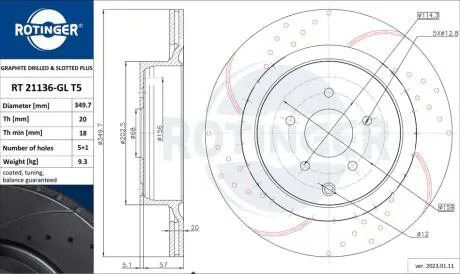 RT21136GLT5 Диск тормозной вентилируемый графитовый (кратно 2) INFINITI FX 37 [350X62] (21136-GL/T5) ROTINGER ROTINGER підбір по vin на Brocar
