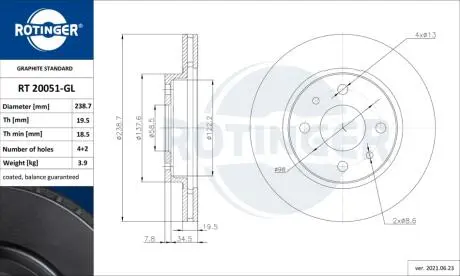 RT20051GL Диск тормозной 2110 R13 перед графитовый вентилируемый (1шт) (кратно 2) ROTINGER ROTINGER підбір по vin на Brocar