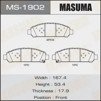 MS1902 Колодка тормозная передняя Toyota Venza (09-16) (MS1902) MASUMA MASUMA подбор по vin на Brocar