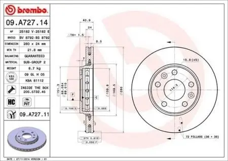 09A72714 Гальмівний диск BREMBO підбір по vin на Brocar