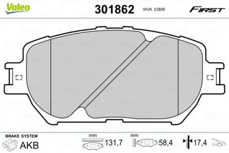 301862 Гальмівні колодки дискові TOYOTA Camry "2,4-3,0 "F "01-06 VALEO підбір по vin на Brocar