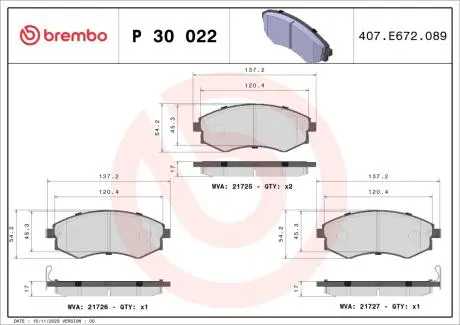 P30022 Гальмівні колодки дискові BREMBO підбір по vin на Brocar