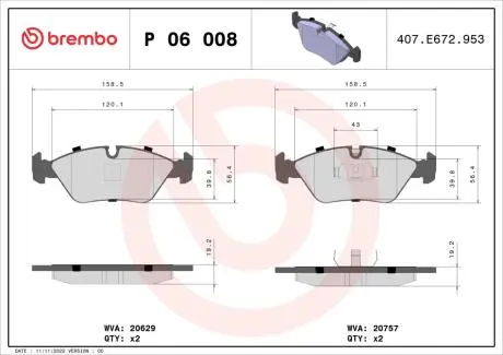 P06008 Гальмівні колодки дискові BREMBO підбір по vin на Brocar