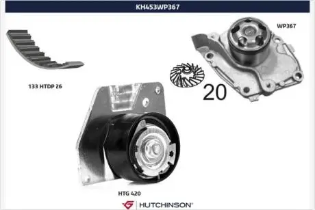 KH453WP367 Помпа води + комплект ремня ГРМ HUTCHINSON підбір по vin на Brocar