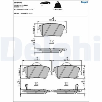 LP3499 Колодки тормозные (передние) Hyundai Santa Fe 10-/Creta 16-/Grandeur 11-/Kia Sorento 09-/Carens 13- DELPHI підбір по vin на Brocar