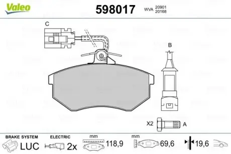 598017 Гальмівні колодки, дискове гальмо (набір) VALEO підбір по vin на Brocar