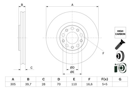 0986479G89 Диск гальмівний (передній) Alfa Romeo159/Brera/Giulietta/Fiat 500X/Jeep Compass/Renegade 05- (305x28) BOSCH підбір по vin на Brocar