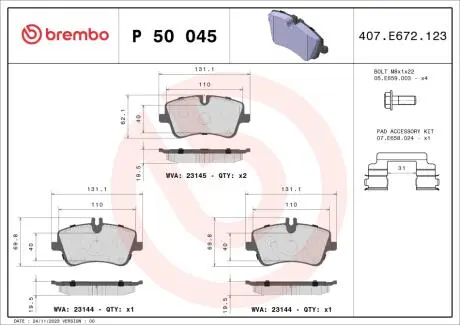 P50045X Колодки тормозные (передние) MB C-class (W203/CL203/S203)/CLK-class (C209)/SLK-class (R171) 00-11 BREMBO подбор по vin на Brocar