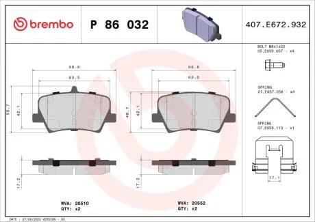 P86032 Колодки гальмівні (задні) MB C-class (W204/C204) 07-14/E-class (C207/A207) 09-16/GLK (X204) 08-15 BREMBO підбір по vin на Brocar