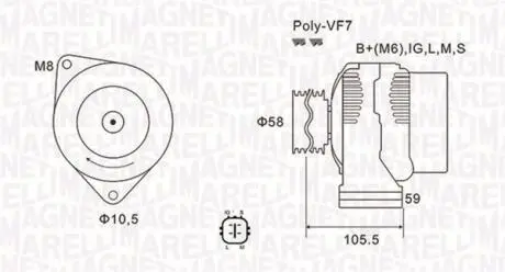 063732069010 Генератор (14V, 100A) TOYOTA HIACE IV, LAND CRUISER 2.5D/3.0D 11.01- MAGNETI MARELLI підбір по vin на Brocar
