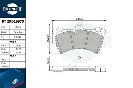 RT2PD19970 Колодки тормозные дисковые комплект ROTINGER подбор по vin на Brocar