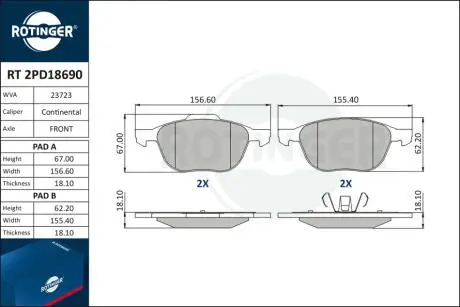 RT2PD18690 Колодки тормозные дисковые комплект ROTINGER подбор по vin на Brocar
