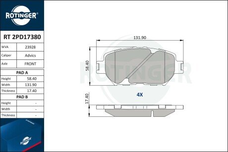 RT2PD17380 Колодки тормозные дисковые комплект ROTINGER подбор по vin на Brocar