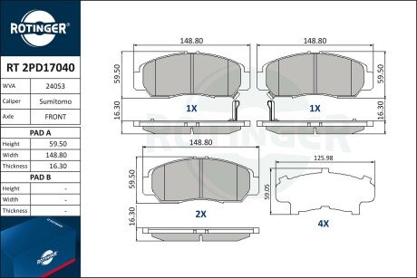 RT2PD17040 Колодки тормозные дисковые комплект ROTINGER підбір по vin на Brocar