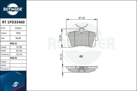 RT1PD33460 Колодки тормозные дисковые комплект ROTINGER підбір по vin на Brocar