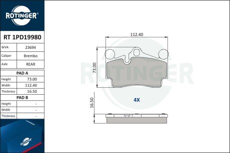 RT1PD19980 Колодки тормозные дисковые комплект ROTINGER підбір по vin на Brocar