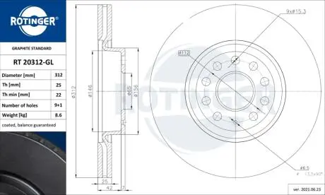 RT20312GL Диск тормозной с графитовым покрытием ROTINGER подбор по vin на Brocar