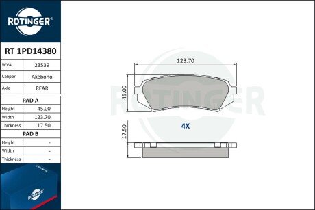 RT1PD14380 Колодки тормозные дисковые комплект ROTINGER подбор по vin на Brocar