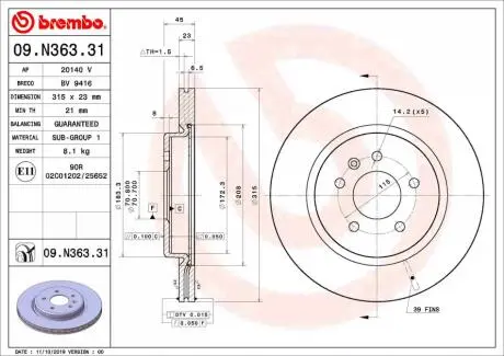 09N36331 Гальмівний диск BREMBO підбір по vin на Brocar