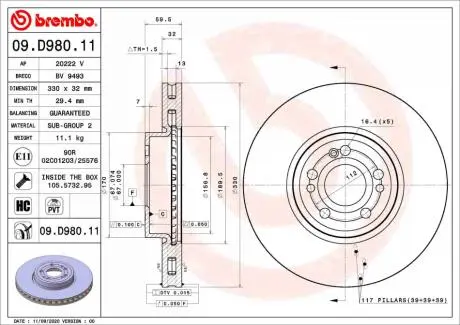 09D98011 Гальмівний диск BREMBO підбір по vin на Brocar