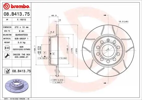 08B41375 Гальмівний диск BREMBO підбір по vin на Brocar