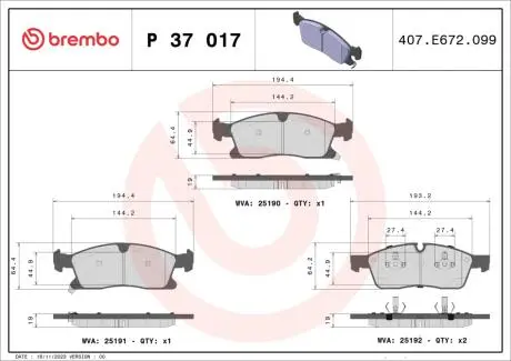 P37017X Колодки тормозные BREMBO підбір по vin на Brocar