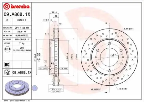09A8681X Гальмівний диск BREMBO підбір по vin на Brocar