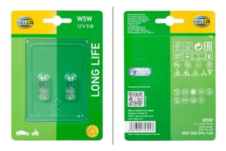 8GP003594163 HELLA W5W 12V 5W Лампа розжарювання (LONG LIFE UP TO 3x) LONGER LIFETIME (блістер 2 шт) HELLA підбір по vin на Brocar