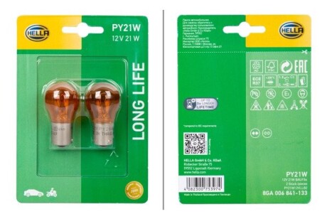 8GA006841133 HELLA PY21W 12V21W Автолампа жовта LONG LIFE UP TO 3x LONGER LIFETIME (блістер 2 шт) HELLA подбор по vin на Brocar