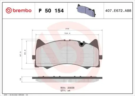 P50154 Гальмівні колодки, дискові BREMBO підбір по vin на Brocar