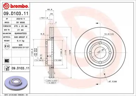09D10311 Гальмівний диск BREMBO підбір по vin на Brocar