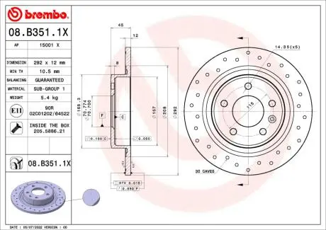 08B3511X Гальмівний диск BREMBO подбор по vin на Brocar