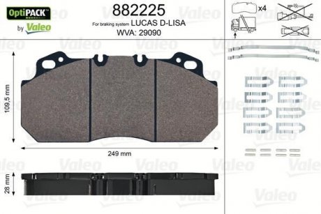 882225 Комплект гальмівних колодок, дискове гальмо, RVI Magnum Premium 249x110x28 VALEO підбір по vin на Brocar