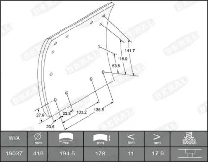 KBL1903611560 Накладки гальмівні WVA19036 необхідні заклепки: 6,35x14,3 L9 96шт BERAL підбір по vin на Brocar