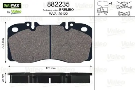 882235 Колодки гальмівні, WVA29122; 175x79, 5x22, без датчика зносу VALEO підбір по vin на Brocar