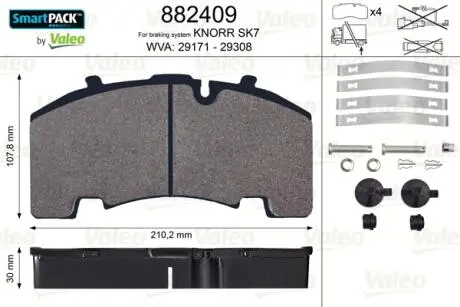 882409 Колодки гальмівні 210,2 x107, 8x30 без поперечної пластини VALEO підбір по vin на Brocar
