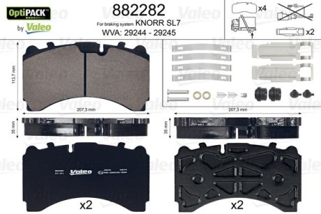 882282 Колодки гальмівні WVA 29244/29245; 207,3x113,7x35 VALEO підбір по vin на Brocar