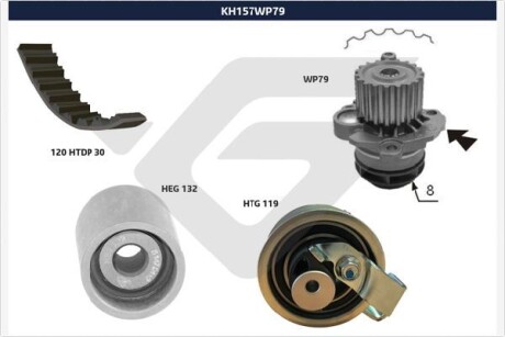 KH157WP79 Помпа води + комплект ремня ГРМ HUTCHINSON підбір по vin на Brocar