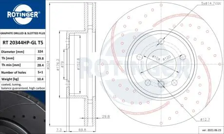 RT20344HPGLT5 Диск тормозной высокоуглеродистый с перфорацией и слотированием с графитовым покрытием ROTINGER подбор по vin на Brocar