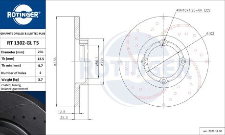 RT1302GLT5 Диск тормозной с перфорацией и слотированием с графитовым покрытием ROTINGER підбір по vin на Brocar