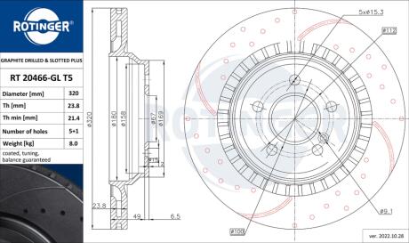 RT20466GLT5 Диск тормозной с перфорацией и слотированием с графитовым покрытием ROTINGER підбір по vin на Brocar