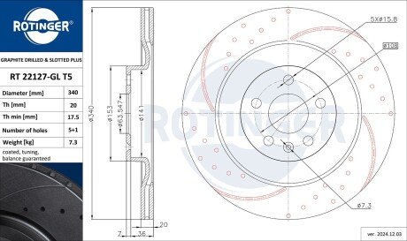 RT22127GLT5 Диск тормозной с перфорацией и слотированием с графитовым покрытием ROTINGER підбір по vin на Brocar